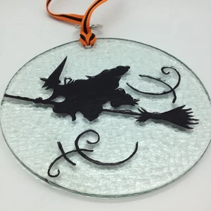 Studio Art Pebbled Clear Fused Glass Halloween Witch on Broom Sun Catcher - Picture 1 of 4
