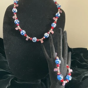 VENETIAN ART GLASS NECKLACE 20”AND BRACELET 7”RED WHITE BUE - Bild 1 von 5