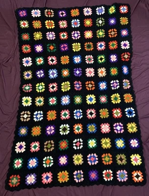 Vintage Black Granny Square Multicolored Crochet Throw Blanket Crocheted 48x72” - Image 1 of 4