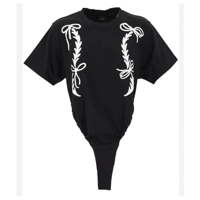 PINKO Womens Babel Bodysuit L Black Embroidered Bows T Shirt Casual Going Out - Image 1 of 4