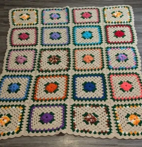 VTG Granny Square Colorful 3D Flower Crochet Handmade Afghan Throw 64"x51"  - Picture 1 of 17