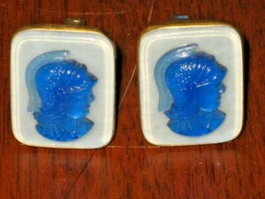 Vtg Raised Blue Trojan Head Lucite Brass Gold Tone MEN'S Jewelry Cuff Links - Picture 1 of 4