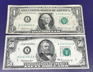 1969 $50 Fifty Dollar Bill, Serial # A 01410312 - Very Fine, Plus 1969 $1 - Picture 1 of 7