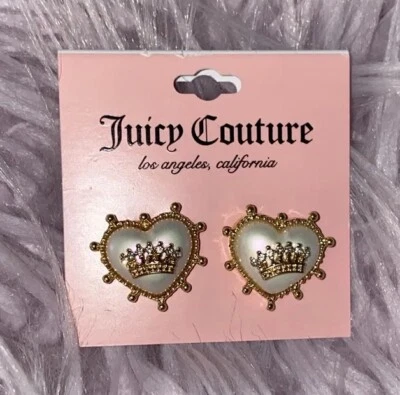 Juicy Couture Pearl Heart Stud Earrings with Crown Rhinestones Valentine’s Day - Image 1 of 4