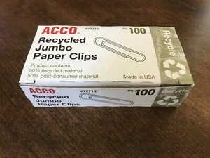 Recycled Jumbo Paper Clips Smooth 100ps Acco #72715 - Picture 1 of 1