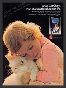 Purina Cat Chow Little Girl & White Kitten 1980s Print Advertisement Ad 1985 - Picture 1 of 1