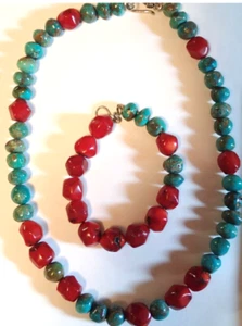 Coral and Turquoise smooth pebble necklace. 19 inch necklace, 8.5 inch bracelet. - Picture 1 of 3