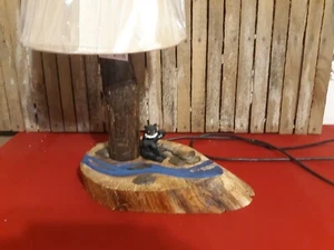 Rustic Woods Table Lamp Black Bear with trout Tree Night Light - Picture 1 of 3