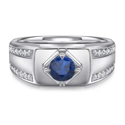 925 Sterling Silver Men Wedding Ring 5mm Cubic Zirconia with Side Stones - Image 1 of 4