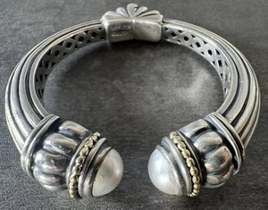 LAGOS Caviar Heavy 925/18k Yellow Gold Hinged Cuff Mabe Pearls 52.4 Grams 2.25” - Picture 1 of 10
