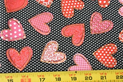 9" Long, Red Pink & Metallic-Gold Hearts on Black Cotton, Patty Reid, P9473 - Image 1 of 4