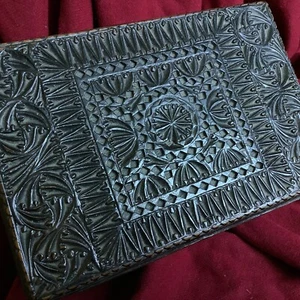 Black Forest Antique Handcarved Geometric Sun Wheel Pattern Wood Box Black Paint - Picture 1 of 16