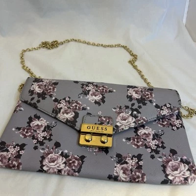 #8604 GUESS FLORAL LILAC CLUTCH PURSE CHAIN OVER SHOULDER - Image 1 of 4