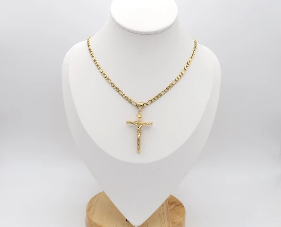 Gold Crucifix Necklace for Men, 14k Heavy Plated Gold, 4mm Figaro Chain - Image 1 of 4