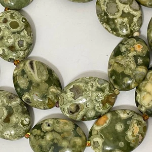 Collar de cuentas de moneda ovaladas de riolita verde y óxido de colección de plata de ley se ajusta 16-18" - Imagen 1 de 21