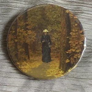 Pin back Button OOAK Victorian Lady Walking In The Woods - Picture 1 of 3