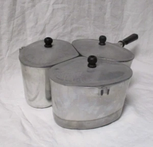 3 Vintage Triangular Cast Aluminum Saucepans, Removeable Handle, Space Saving - Picture 1 of 7