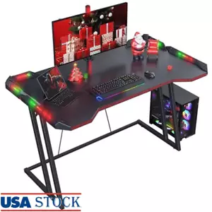 Gaming Desk LED Lights Z Shaped Ergonomic Carbon Fiber Surface Cable Management - Picture 1 of 6