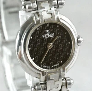 FENDI 750L Black Dial FF Logo Silver Tone Women's Quartz Watch NM Working Japan - Picture 1 of 7