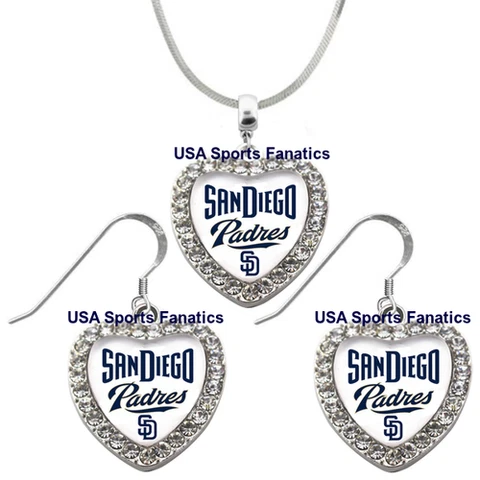 San Diego Padres 925 Necklace or Earrings or Set Team Heart With Rhinestones Cover