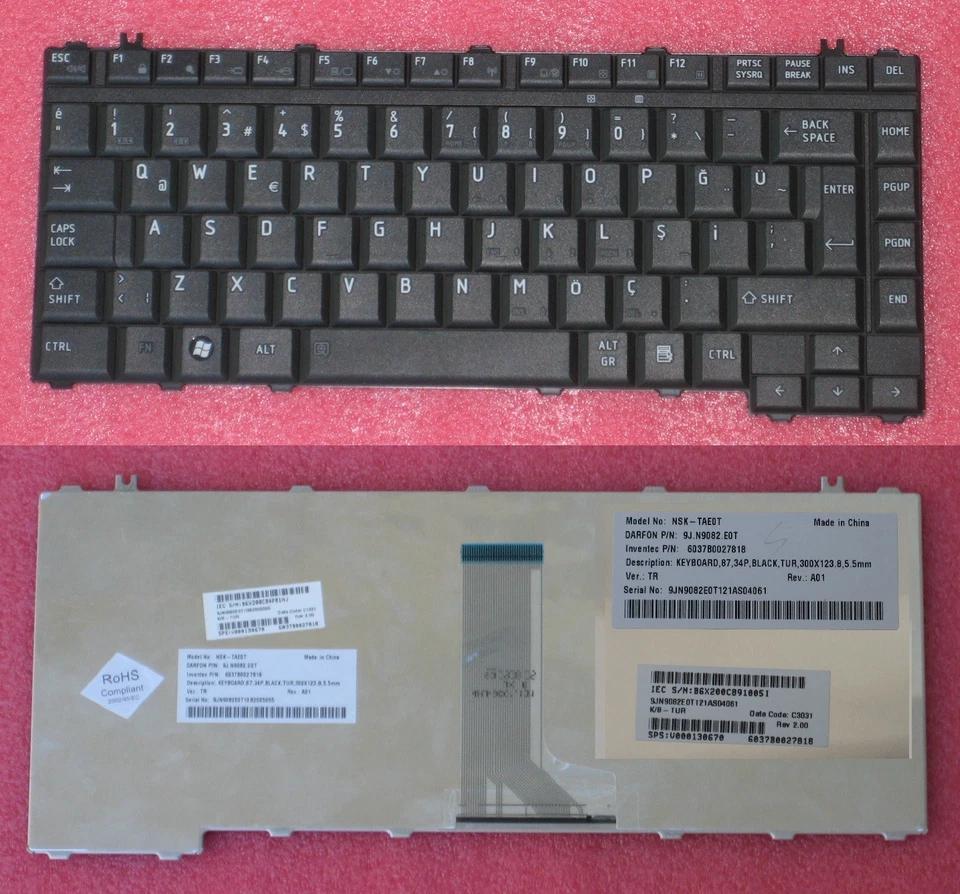 Keyboard qwerty Turkish TOSHIBA Sat A300 NSK-TAE0T 9J.N9082.E0T 6037B0027818 - Image 1 of 1