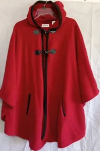 Le Moda Poncho Womens OS Red Fleece Black Piping Hooded Toggle Cape Pockets - Picture 1 of 8