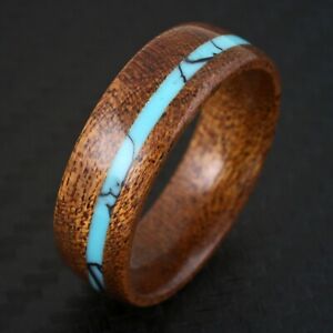 Beautiful Sandalwood & Turquoise Striped Domed Wedding Band Ring 6mm or 8mm