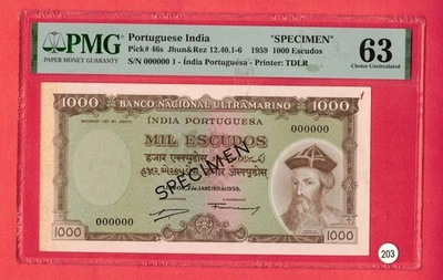 Portuguese India "SPECIMEN" 1959 1000 Escudos P# 46s PMG 63 Choice UNC Lt 203 - Image 1 of 2