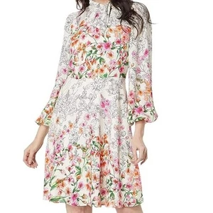 Maggy London NWT Ivory Pink Bud Gina Floral Long Sleeve Neck Tie Dress Size 4 - Picture 1 of 10