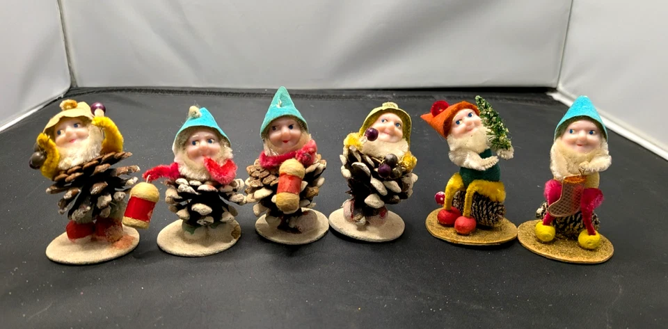 Charming 1950's Shiny Brite 6pc Pine Cone Dwarf Putz Chenille Elf Figures Japan - Image 1 of 4