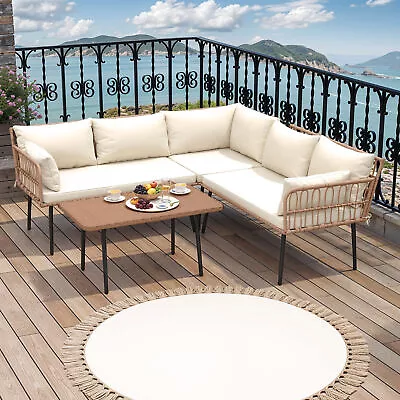 4Pcs Outdoor RattanPatio Furniture Set Sectional Table & Chair Set with Cushions - Image 1 of 4