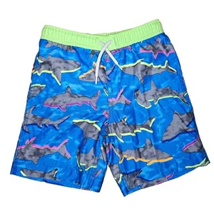 Lands' End Boys Swim Trunks Sharks Neon Small 6-7 - Picture 1 of 5
