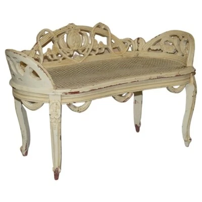 ANTIQUE FRENCH SHABBY CHIC BERGERE WINDOW SEAT BENCH ORIGINAL PAINT FINISH - Image 1 of 4