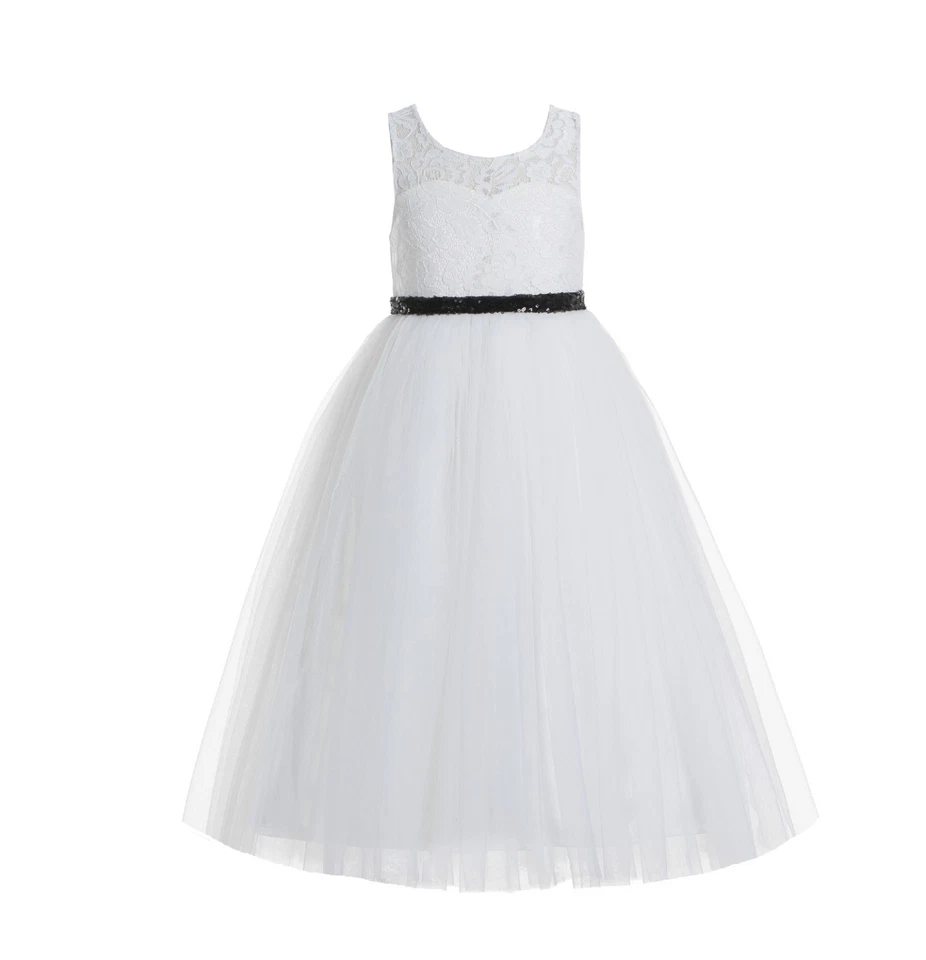  Lace Scoop Neck Keyhole Back Ivory A-Line Flower Girl Dresses Communion Dress - Image 1 of 1