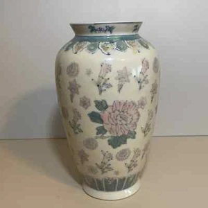 Vintage Large 10 Inch Pink and Green Floral Vase Collectible Home Decor - Picture 1 of 6