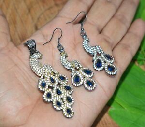 925 SILVER PLATED SIMULATED CZ BLUE SAPPHIRE TURKISH PENDANT EARRING SET. w660