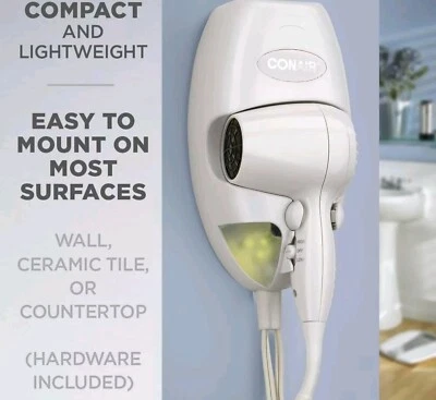 Conair 134W Mini Turbo Wall Mount Hair Dryer with Nightlight - White - Image 1 of 4