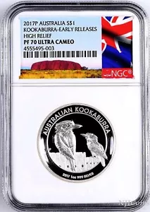 2017 Australia HIGH RELIEF 1oz Silver Kookaburra $1 Coin NGC PF70 +OGP NewLabel - Picture 1 of 5