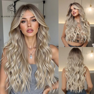 Long Natural Wave Synthetic Wigs With Bangs Ombre Platinum Blonde Cosplay - Image 1 of 4
