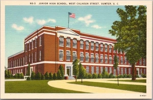 Postal de lino SUMTER, Carolina del Sur "JUNIOR HIGH SCHOOL, West Calhoun Street" - Imagen 1 de 2
