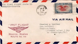 Erstflugbrief, AM 53S1, Memphis, Tennessee nach Houston, Texas, 1941 - Bild 1 von 1