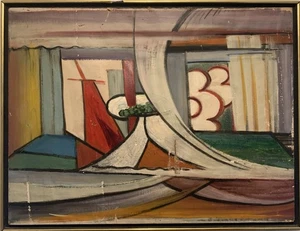 VTG Mid Century Abstract Painting Cubist Cubism Antique Modernism Framed BOLD - Picture 1 of 12