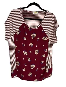 Maeve Anthropologie gestreiftes kurzärmliges Oberteil mit Blumenmuster Damen M weinrot - Bild 1 von 9