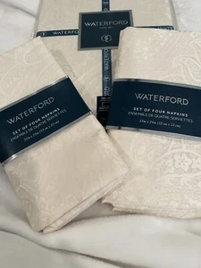 NIP WATERFORD  2 70" x 84"  Holiday Paisley Elegant Ivory Tablecloth 8 Napkins - Picture 1 of 7