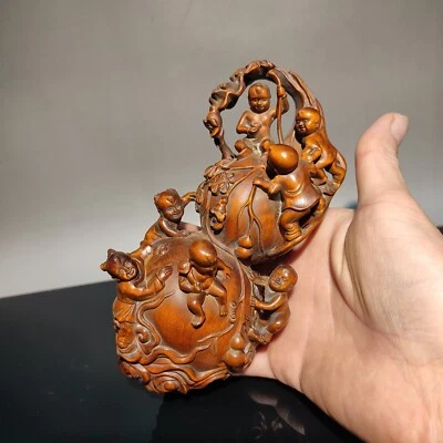 5.1" Chinese Boxwood Wooden Doll Wood Carving Children Statue Home Decoration - Image 1 of 4