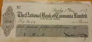 Antique Cheque The National Bank Of Tasmania Stanley Circular Head 1887 - Picture 1 of 1
