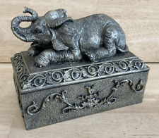 Elephant Trinket & Jewelry Box Raised Trunk Resin Storage 7" Gray White Metallic
