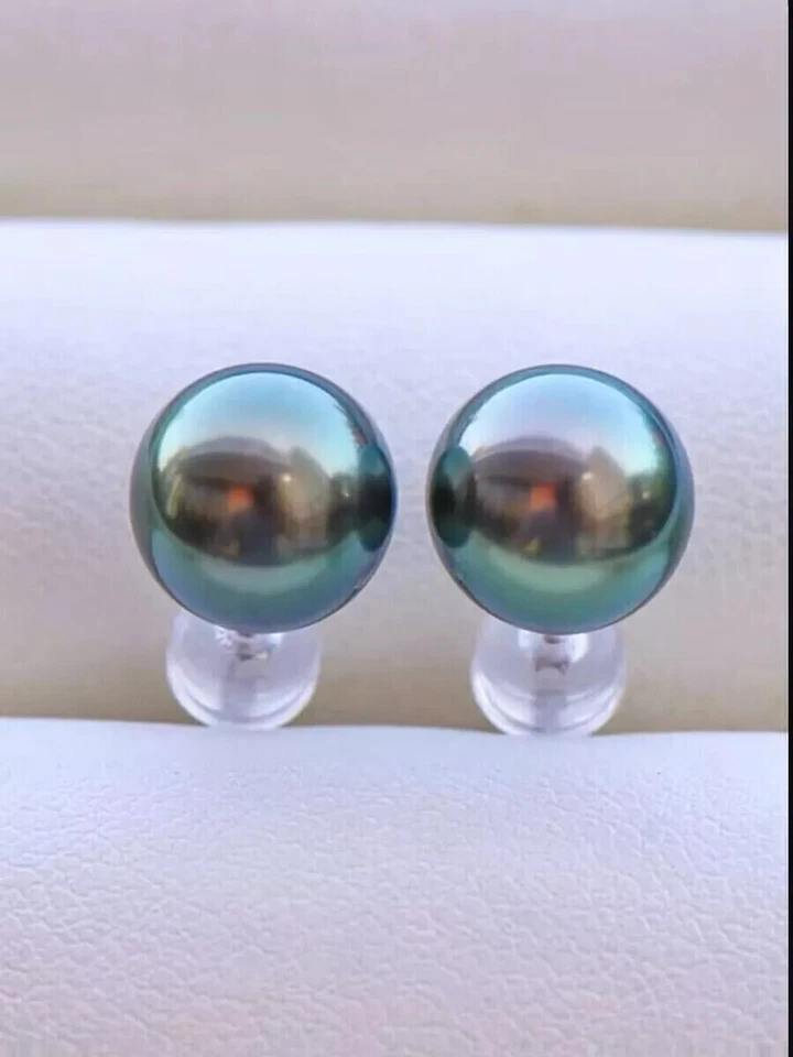 Precioso Pendiente AAA 8-9mm Mar del Sur Negro Verde Perla Redonda Oro 18k / Au750 Foto 1 de 4