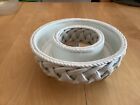Vintage White stoneware footed Round wicker weave Flower Frog, Bulb Ring