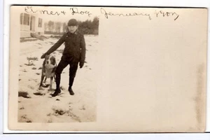 DOG RPPC Snow WINTER Boy ELMER House Jan 1907 OLD Vintage Real Photo Postcard - Picture 1 of 2